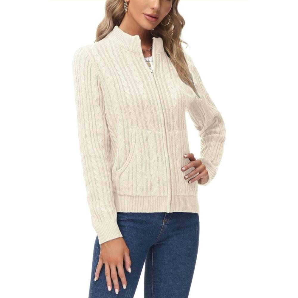KANCY KOLE Women's S Zip Up Sweaters Jacket Cable Knit Cardigan Apricot White
